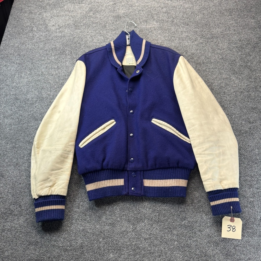Vintage DeLONG Varsity Jacket 38 Mens S Blue Wool White Leather Sleeves USA Made